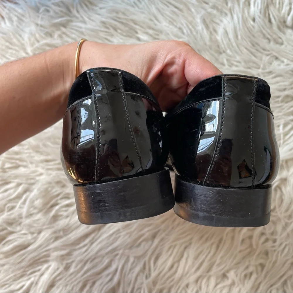 Jimmy Choo Black Soft Shiny Calf Patent Leather Velvet Panel Loafers EUC 42.5